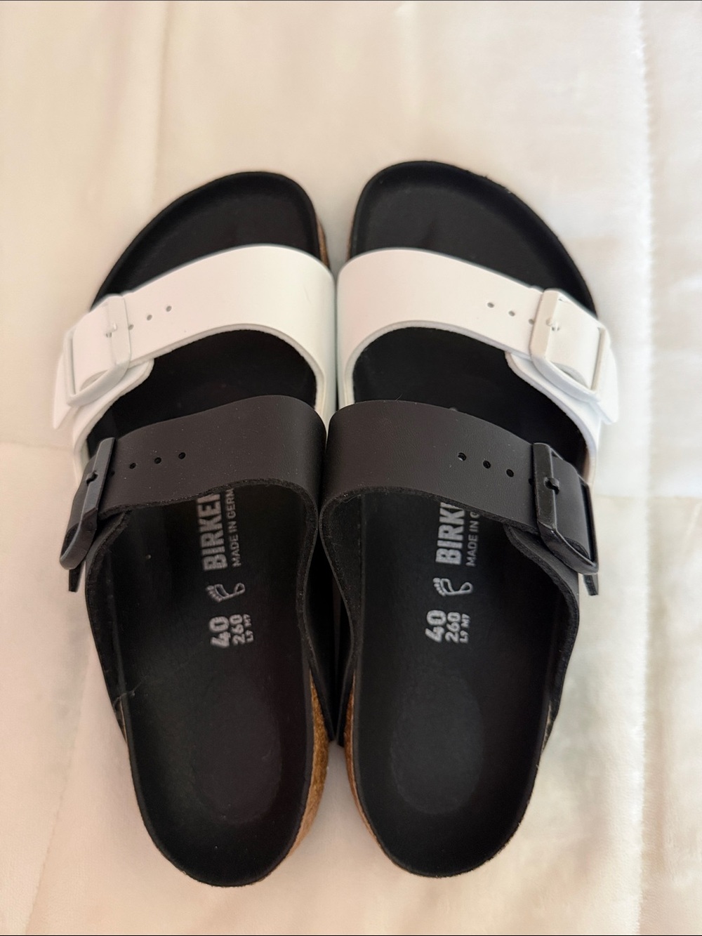 Birkenstock Black and White Two-Strap Arizona Slides